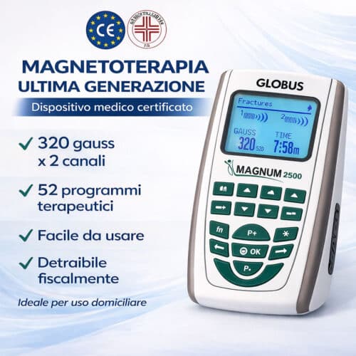Magnetoterapia Globus Magnum 2500 dispositivo medico certificato per uso domiciliare con 320 gauss per due canali, 52 programmi terapeutici, facile da usare e detraibile fiscalmente.