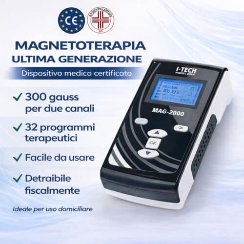 Magnetoterapia I-TECH MAG-2000 dispositivo medico certificato per uso domiciliare con 300 gauss per canale, 32 programmi terapeutici e possibilità di detrazione fiscale.
