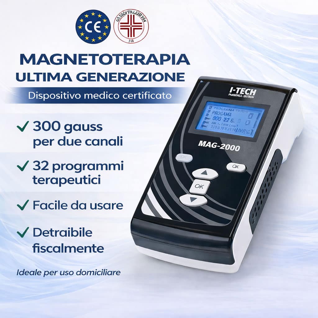 Magnetoterapia I-TECH MAG-2000 dispositivo medico certificato per uso domiciliare con 300 gauss per canale, 32 programmi terapeutici e possibilità di detrazione fiscale.